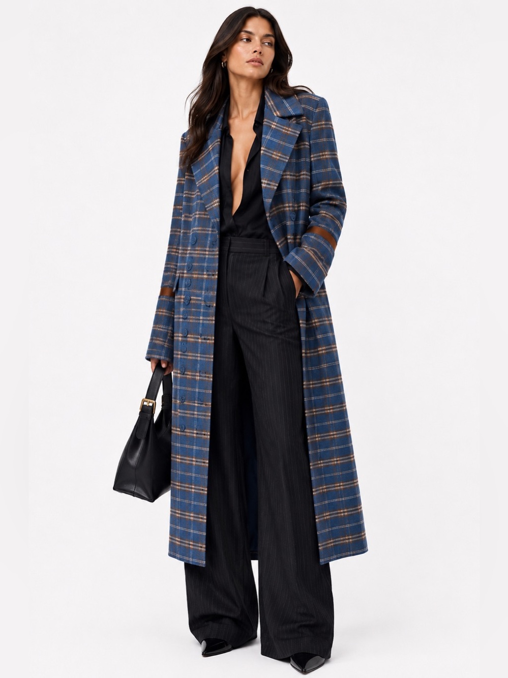 Dref_by_D Jonquil Blue‎ Check Plaid Long Coat Wool Blend Size S NWOT